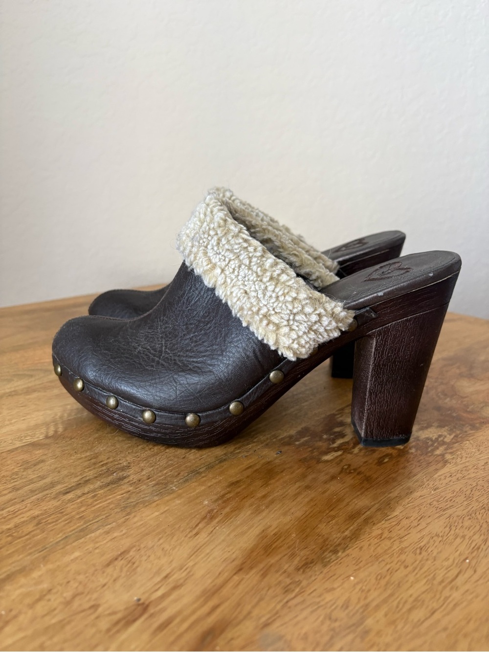 Women’s Brown Leather Shearling Clog Mules